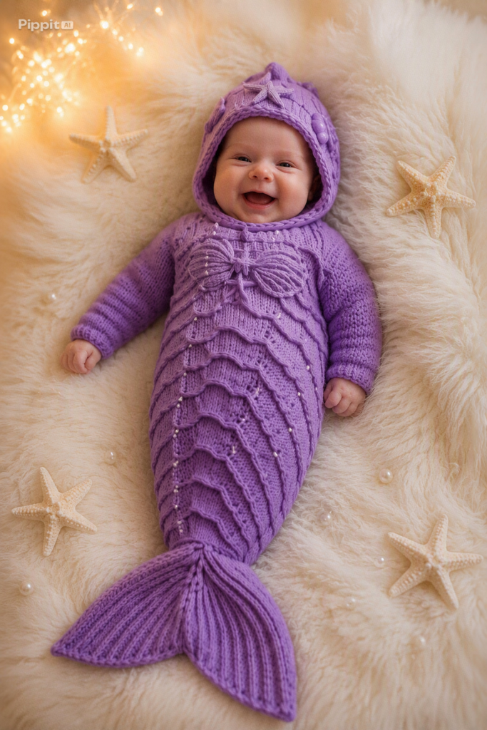 "Mermaid newborn outfit crochet pattern with hood, shell bra, and tail fin — full step-by-step chart