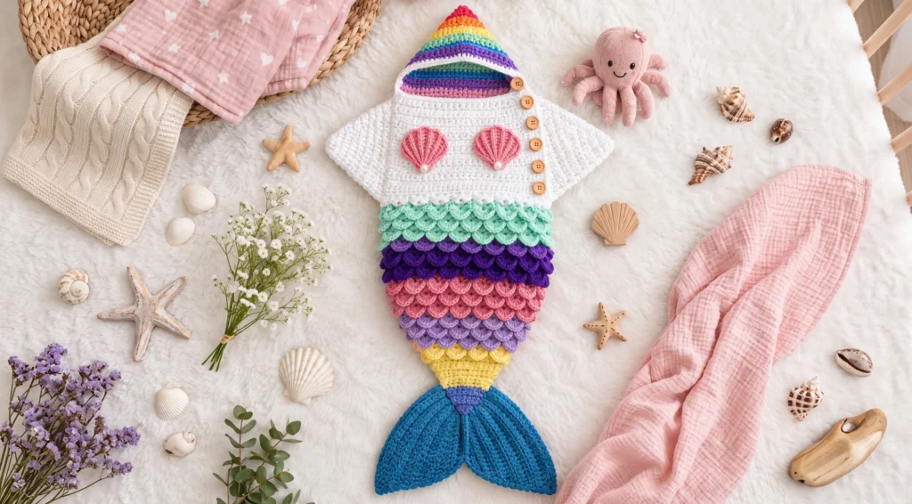 My Original Mermaid Cocoon Baby Blanket Design — 26x13 — 3-6 Months — You Won't Find This Anywhere Else